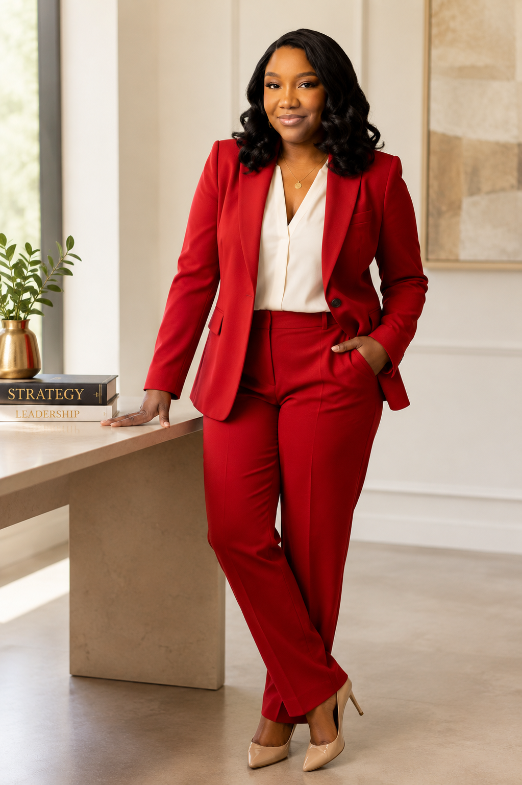 Domonique Downing in a red suit, standing beside a desk with books on strategy and leadership
